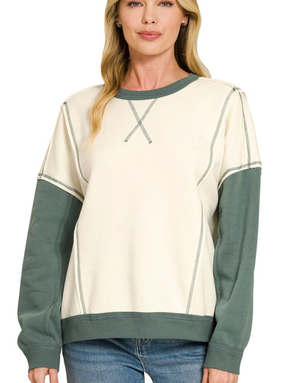Fleece color block exposed seam pullover